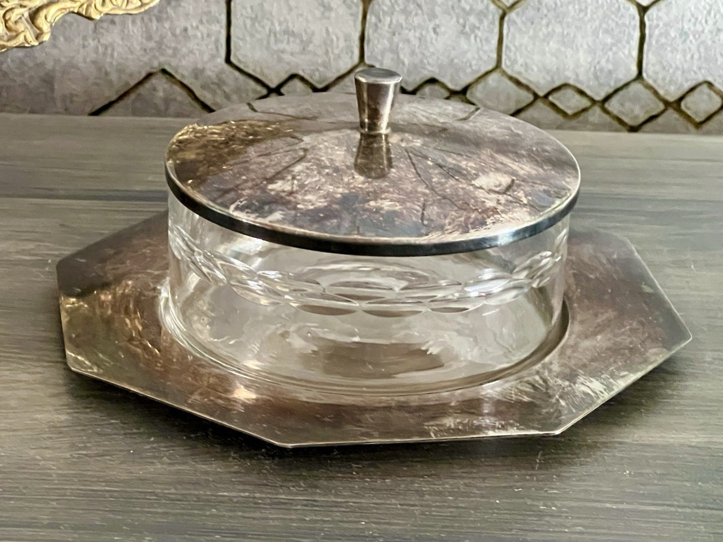 Antik WMF Art Déco Butterdose Dose versilbert Deckeldose Glaseinsatz geschliffen