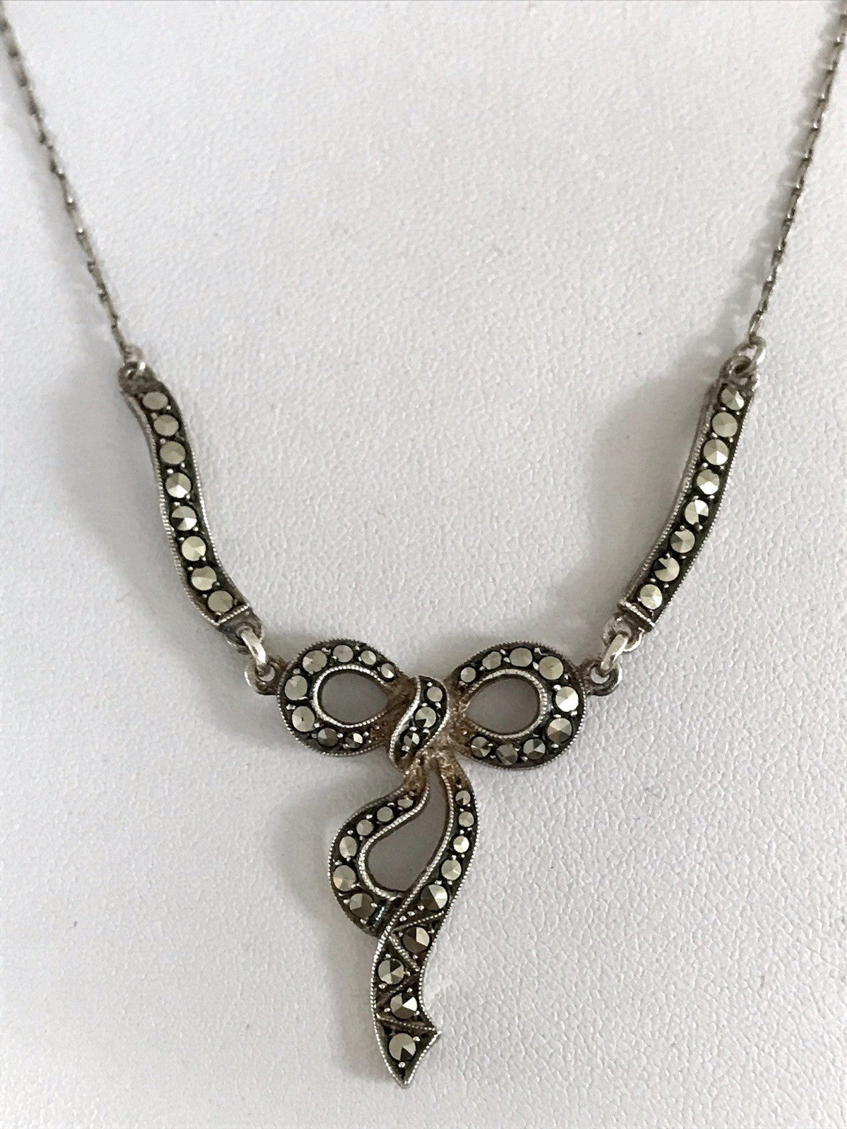 Antik Edel Jugendstil 835 Silber Collier Halskette Markasite Schleife