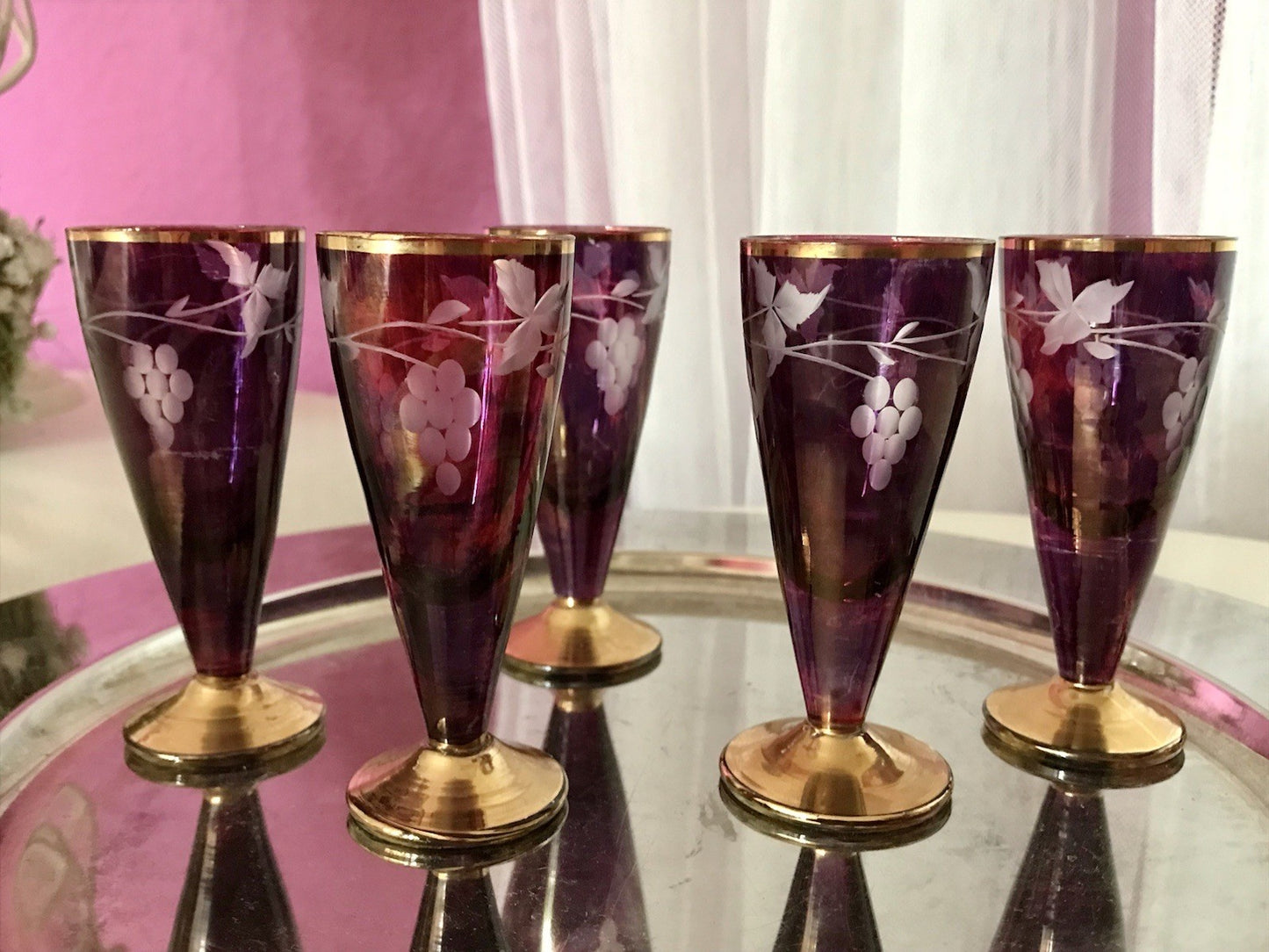 Antik Jugendstil Art Déco 5 Pinnchen Schnapsgläser Golddekor Gläser Schliff ROT