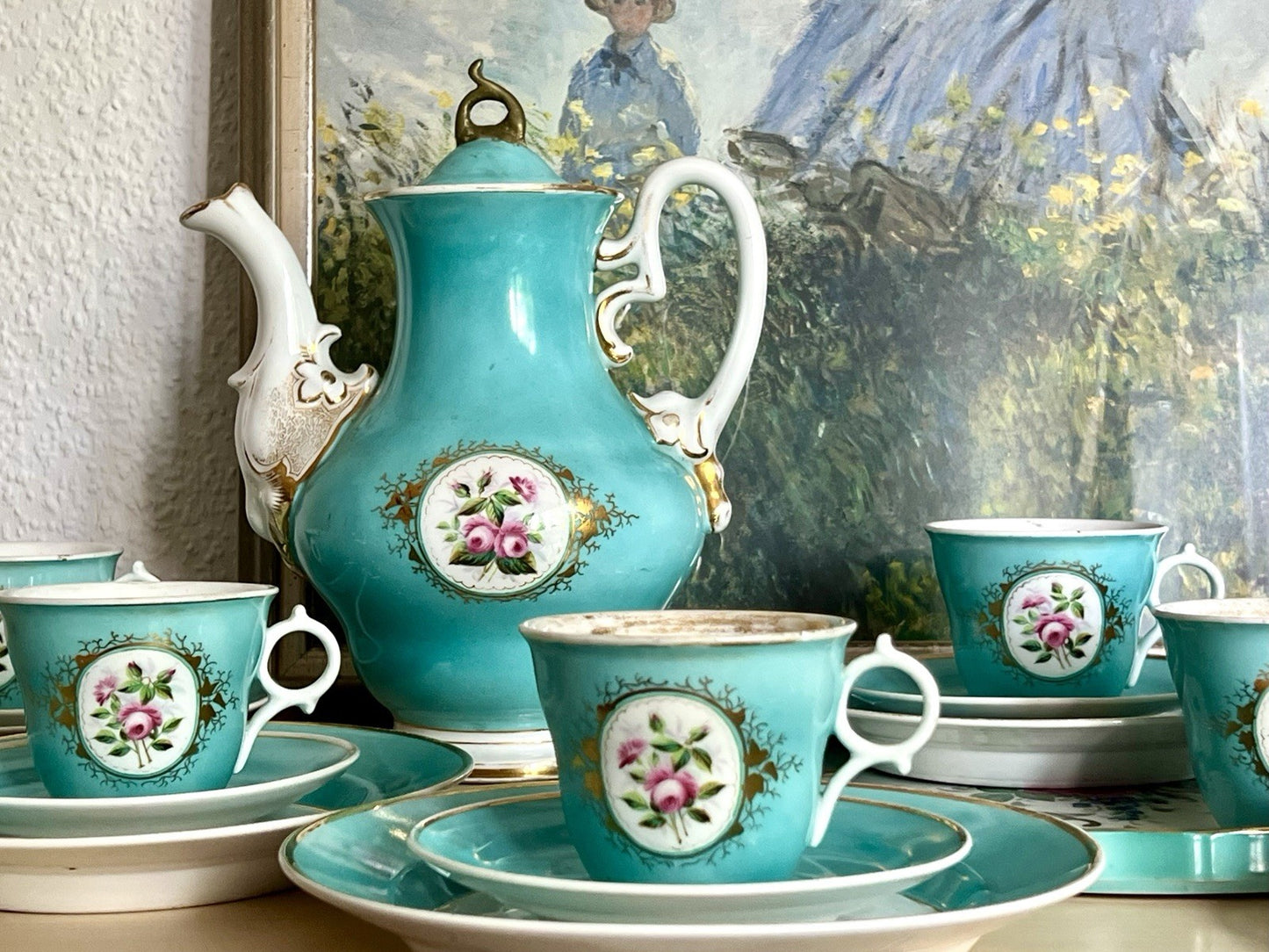 Antik 1870-1900 Porzellan Kaffeeservice 6 Pers. Carl Tielsch Altwasser türkis