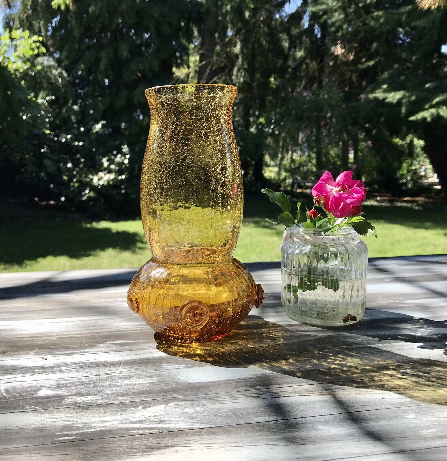 Antik Craqueleè Vase Glasvase Bernstein Gelb Amber Art Déco Nuppen