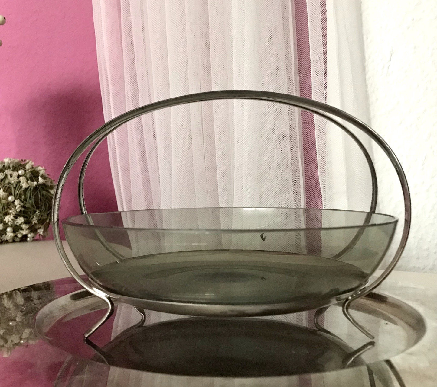 WMF ? Vintage Schale versilbert 50er 60er Mid Century Rauchglas Einsatz MCM