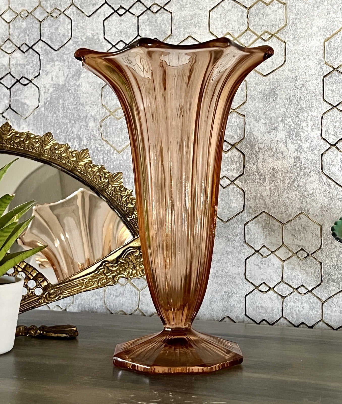 Antik Art Déco 1 GROẞ Vase Glasvase Pressglas Rosalin rosa  Glas