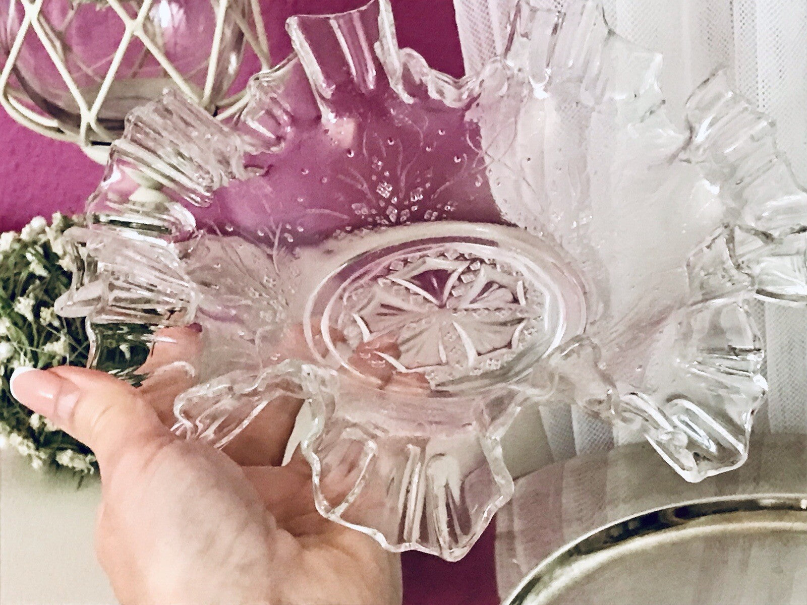 Antik Jugendstil gewellter Serviettenrand Pressglas Schale Glas so schön!