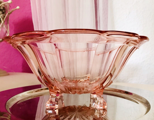 Antik Art Déco Schale Pressglas Rosalin rosa Glas Glasschale vierfüßig