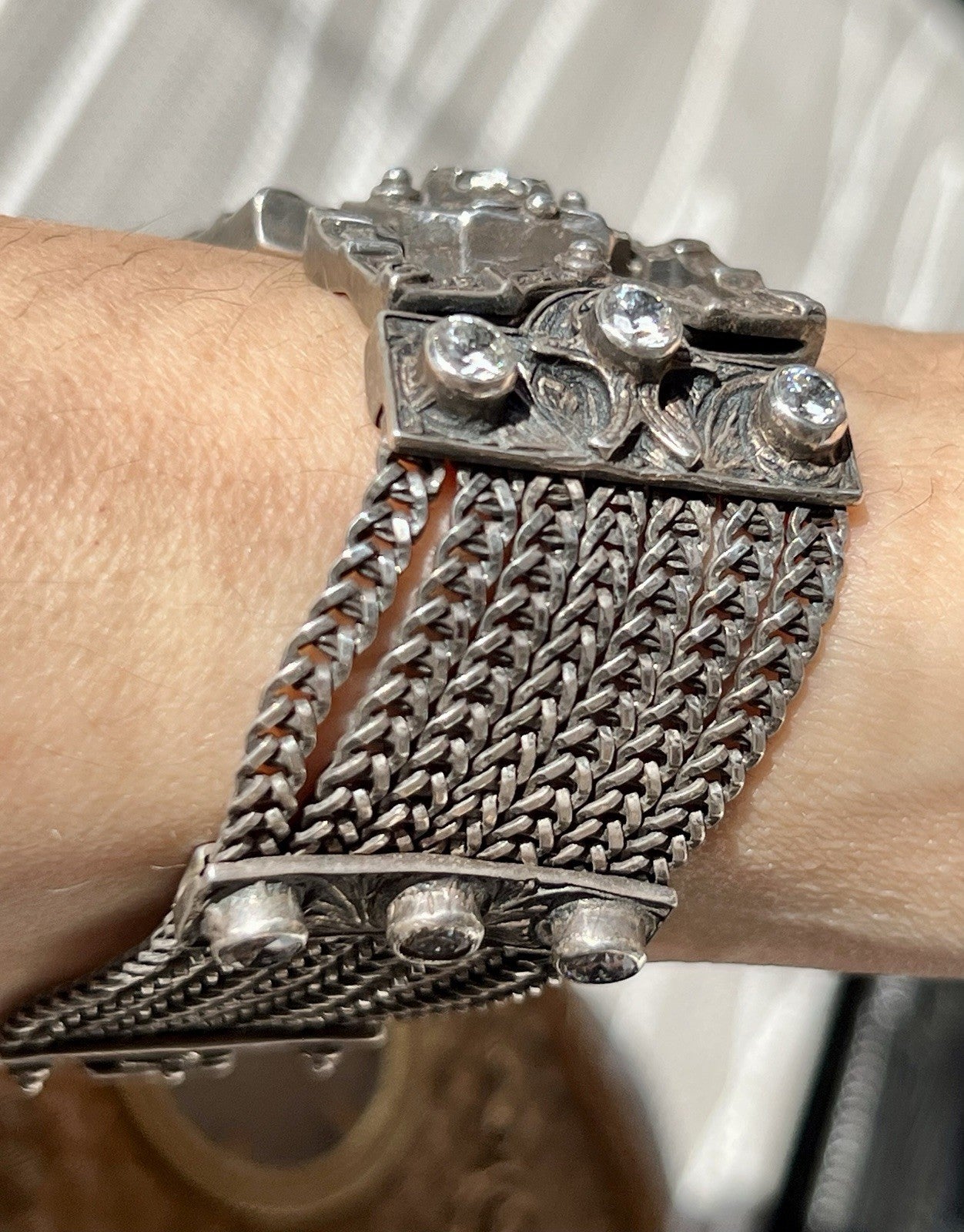 Antik Art Déco Edel DAMEN Armband Silber 925 SUPER farblose Steine WOW Manchette