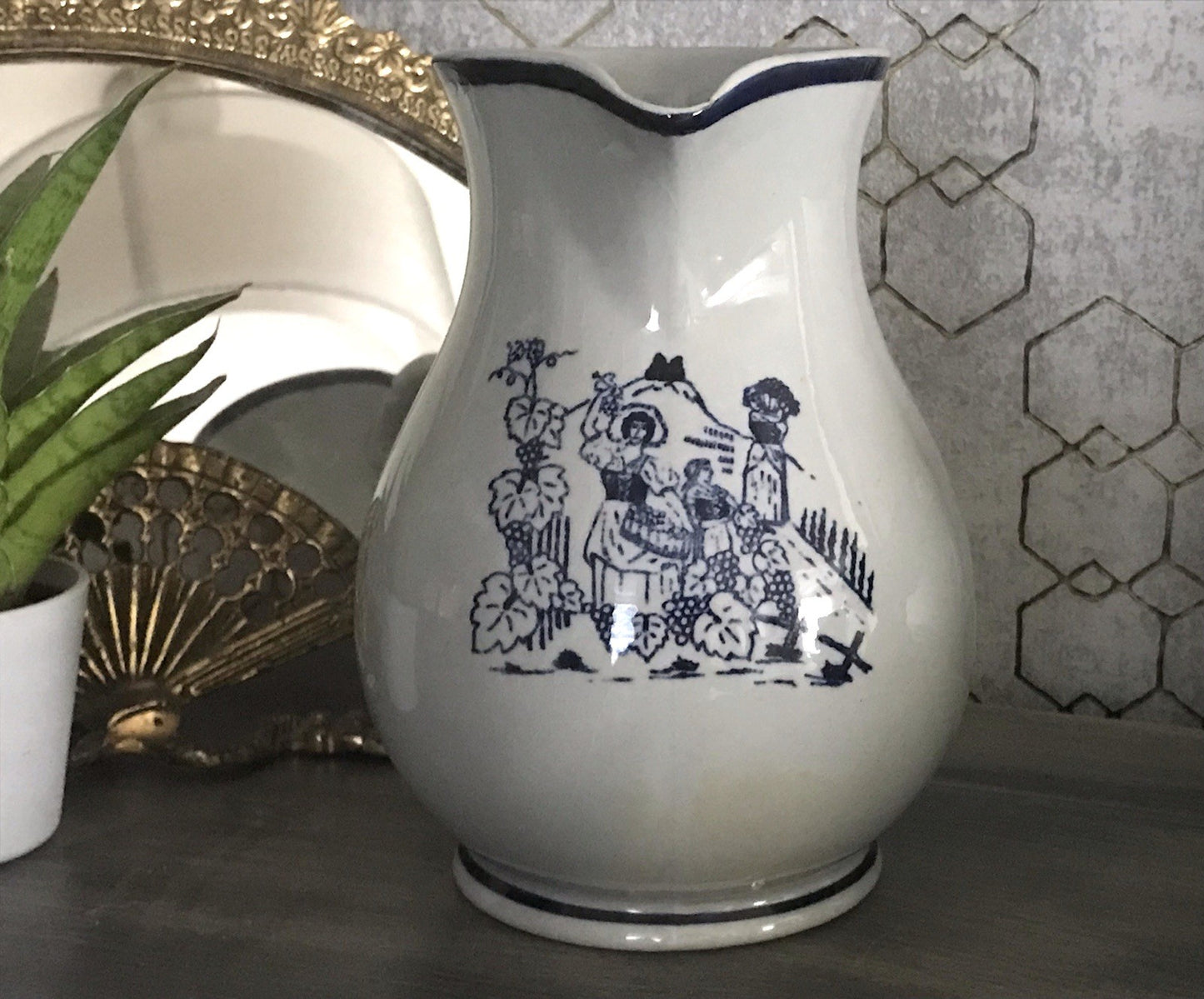 Antik Vintage alt Schankkrug Keramik Steinzeug Weinkrug Kanne grau blau Weinlese