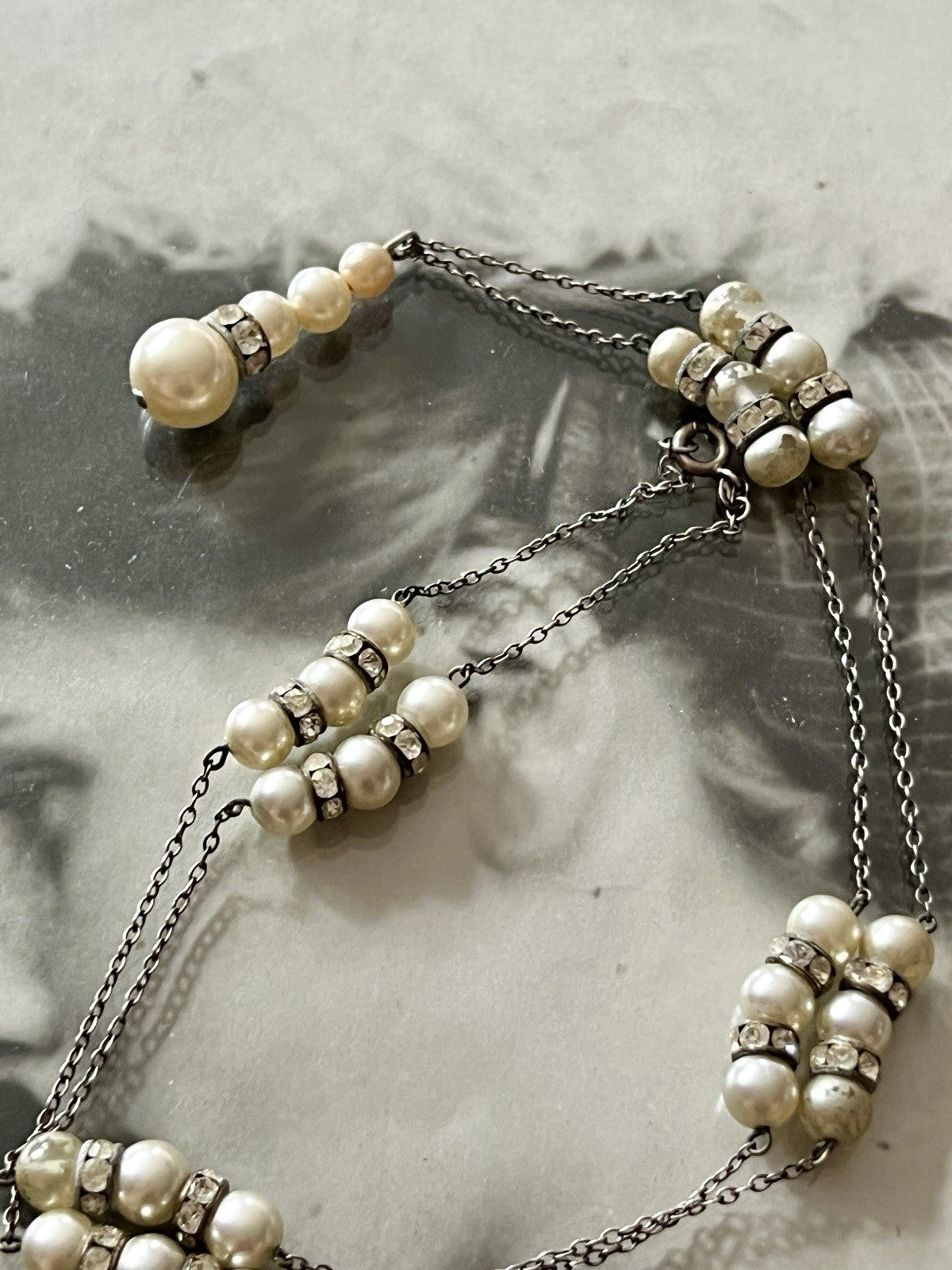 Vintage Antik? 835 Silber Collier Halskette Perlen Strass/ Steine?