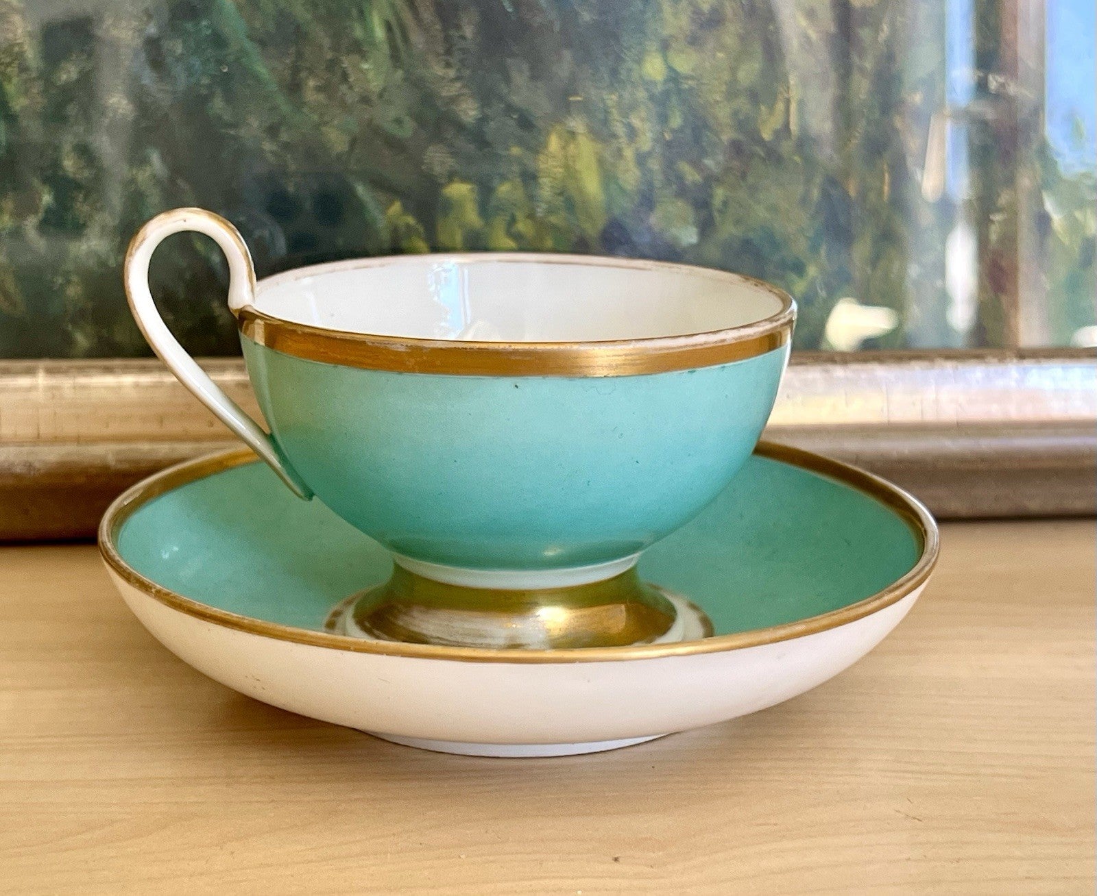 Antik Biedermeier Porzellan Kaffeegedeck Tasse Teetasse schön weiß türkis gold!