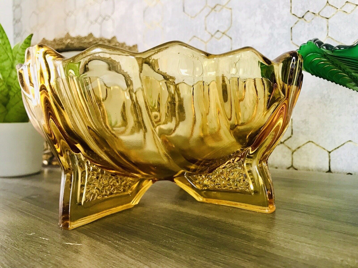 Antik Art Déco gelb Pressglas Jardiniere Schale Glas RAR markant