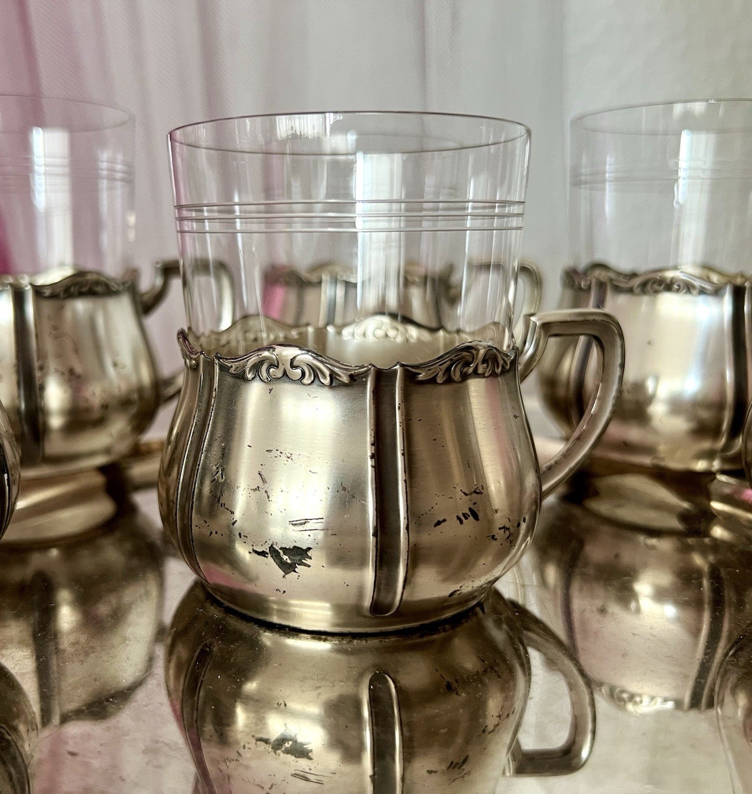 Antik WMF 6 Teeglashalter &6 Glaseinsätze Versilbert Art Déco  3x Straußenmarke