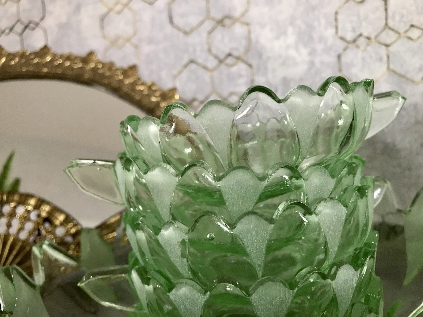 Antik Set grün Dessert Kompott Eis Schale 5x Schälchen Pressglas Art Déco Griffe