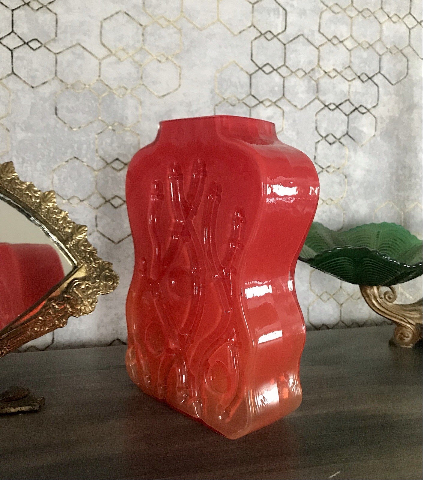 Vintage 70er Design Glasvase Glas Rot Orange Vase Pop Art Hirschberg