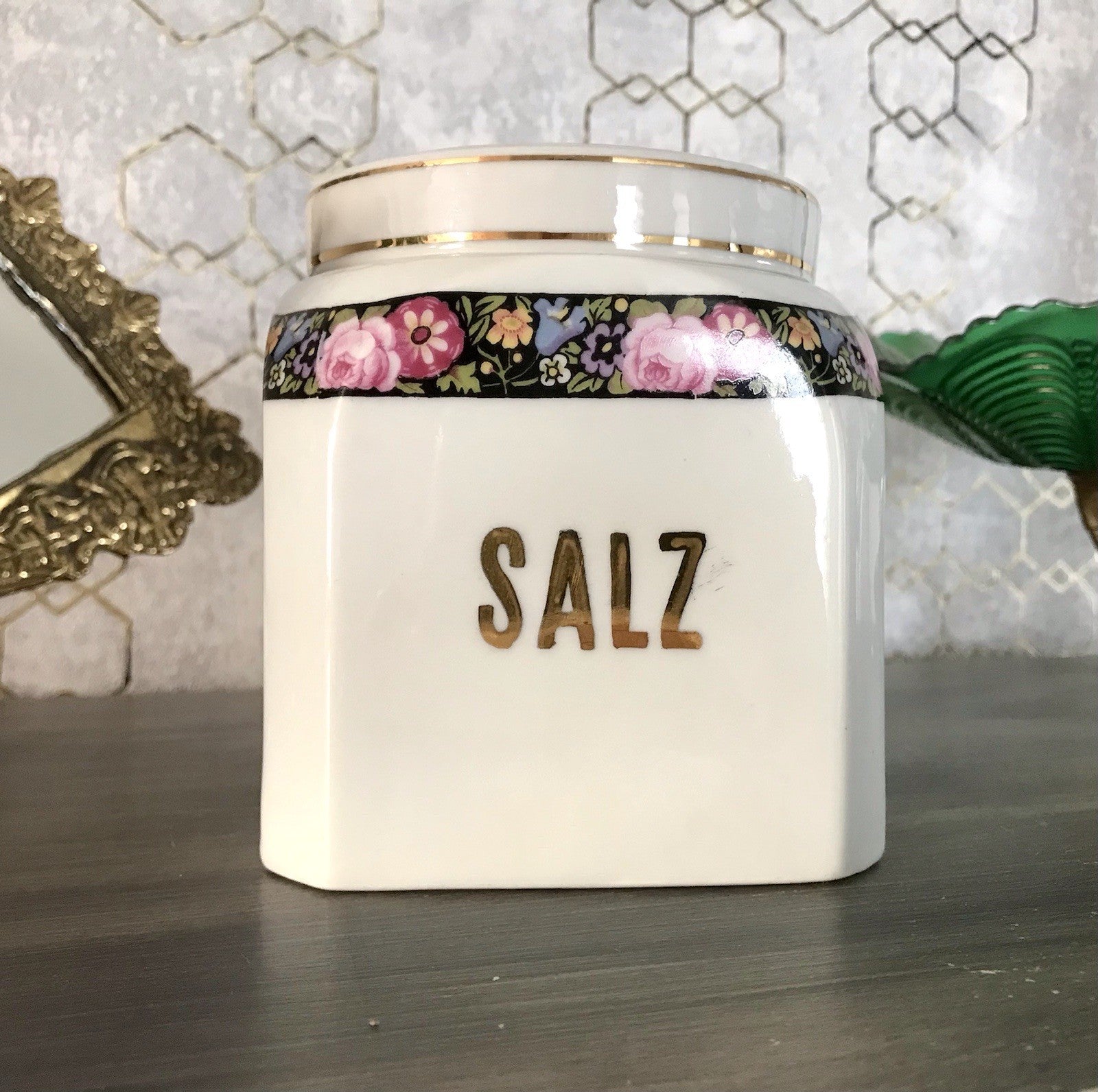 Antik Porzellan Dose Vorratsgefäß Vorratsdose Salz Blumenborte Art Déco