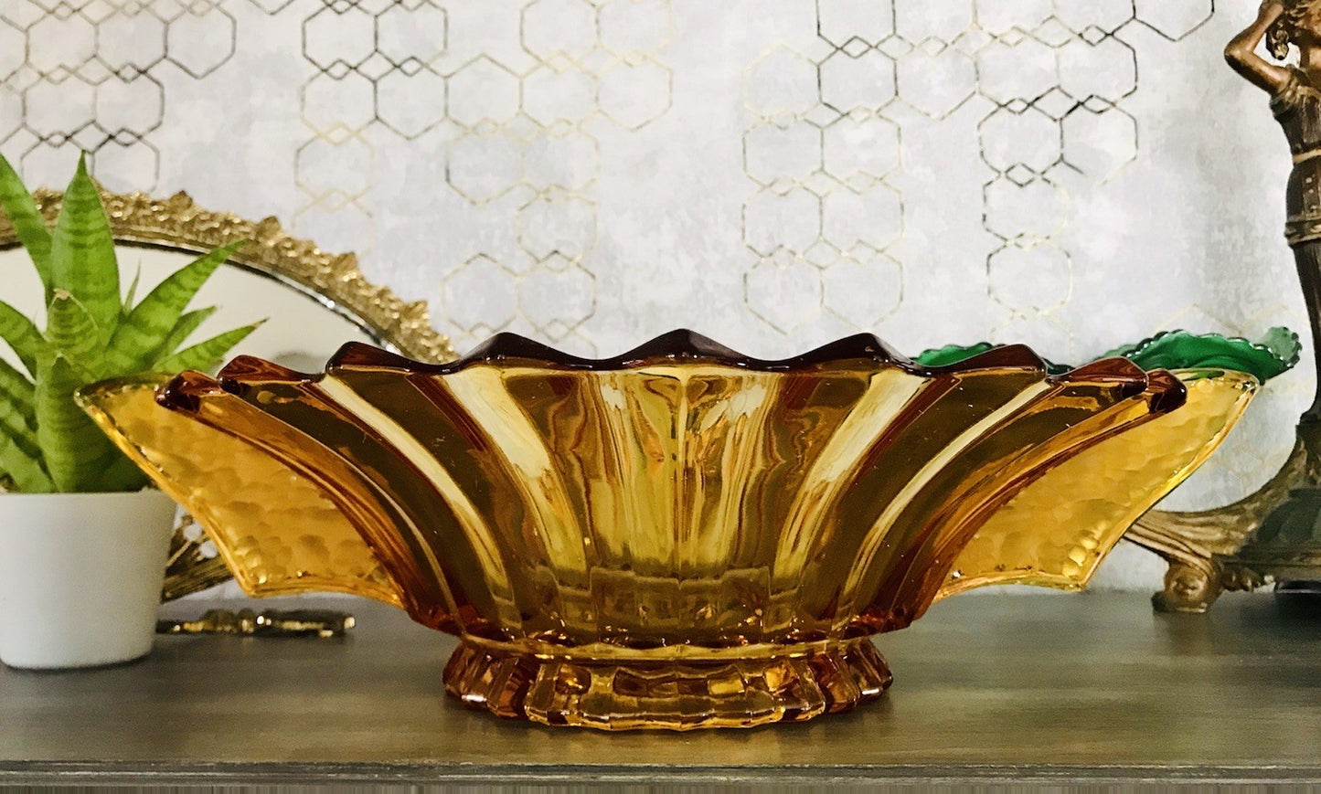 Antik Art Déco gelb Pressglas Schale Glas Brockwitz Prismen Fruchtschale 1941