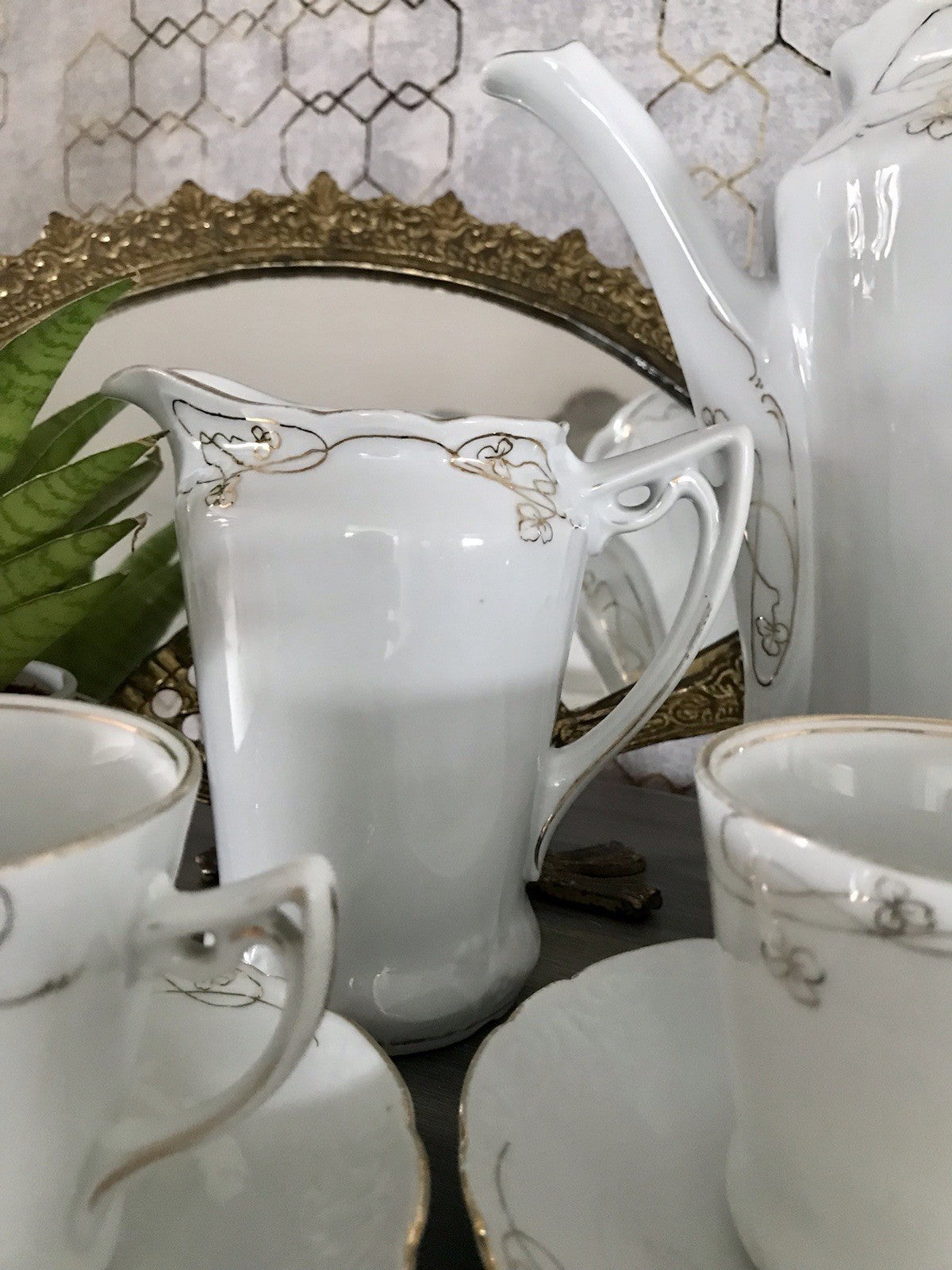 Antik reines Jugendstil Porzellan Kaffeeservice weiß gold 5 Pers. WOW!