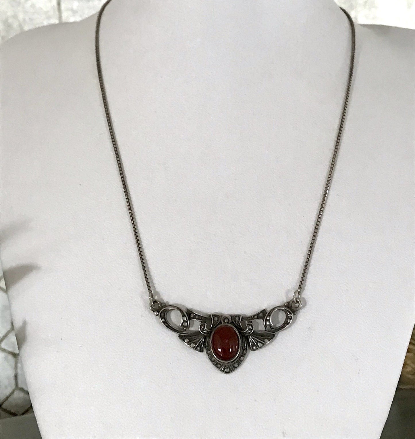 Antik Jugendstil Art Déco 925 Silber Collier Halskette Karneol Granulierungen