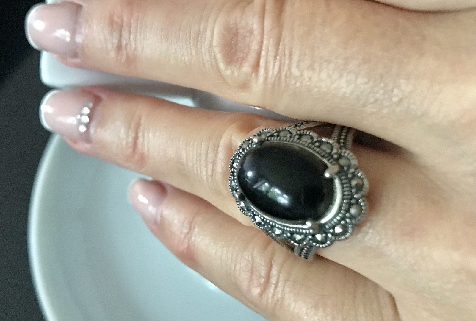 Antik? alt Art Déco Edel Onyx Markasite DAMEN RING Silber 925 Gr.57 18,1