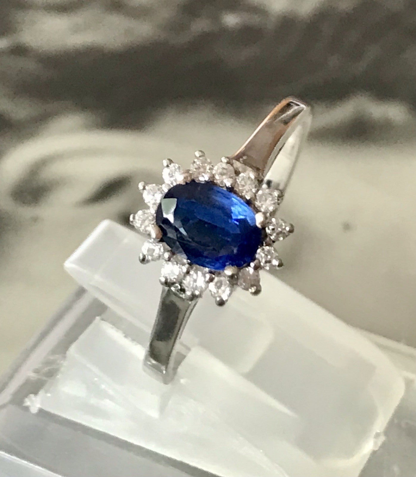 Vintage Entourage Halo Ring farblose Steine & Saphir Silber 925  ~Gr.62 63
