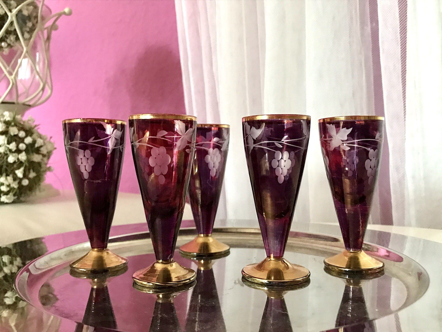 Antik Jugendstil Art Déco 5 Pinnchen Schnapsgläser Golddekor Gläser Schliff ROT