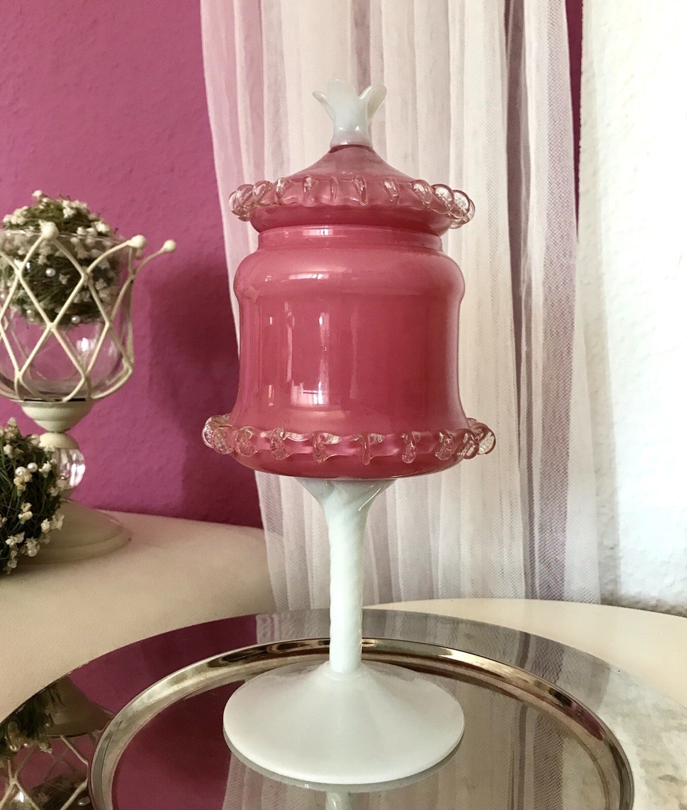 Vintage 60er Empoli Fußschale Schale Bonboniere rosa weiß Deckelvase Designer