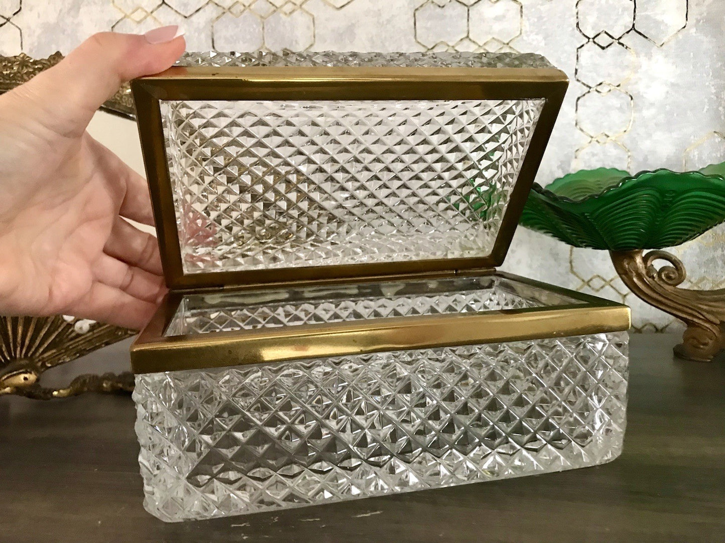 Antik Art Dèco Vintage EDEL Schatulle Deckeldose Bleikristall groß Messingrahmen