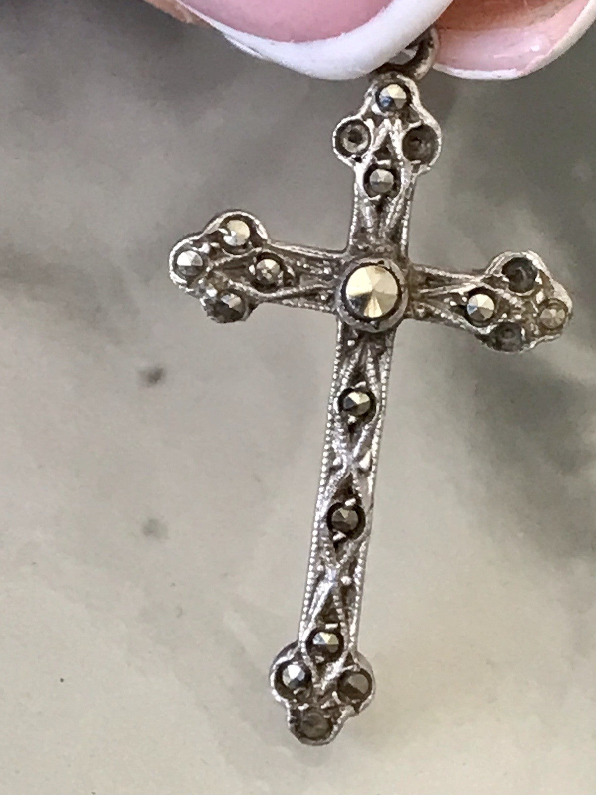 Antik Art Déco Echtsilber Silber Kreuz Anhänger Kettenanhänger Markasite