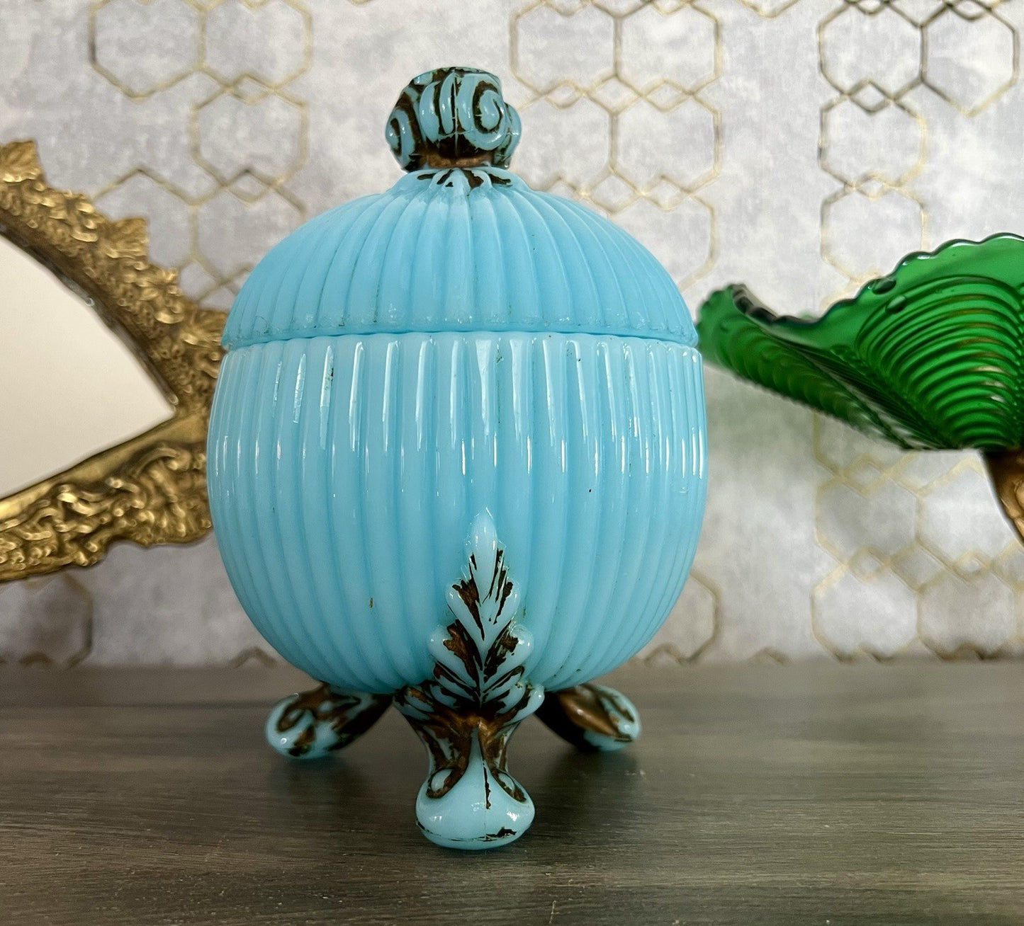 Antik Jugendstil Glasdose Kugel Dose Opalglas Deckeldose blau Pressglas SCHÖN!