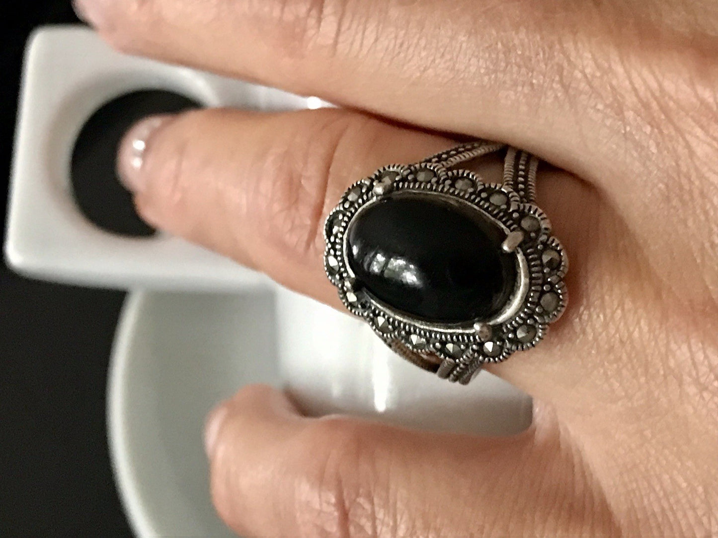 Antik? alt Art Déco Edel Onyx Markasite DAMEN RING Silber 925 Gr.57 18,1