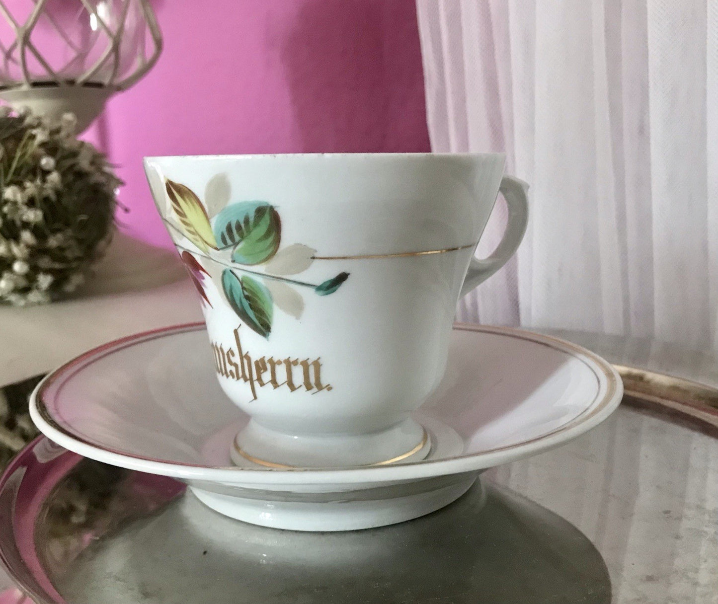 Antik Porzellan Andenken Becher Gedeck Sammeltasse Tasse „Dem Hausherrn“