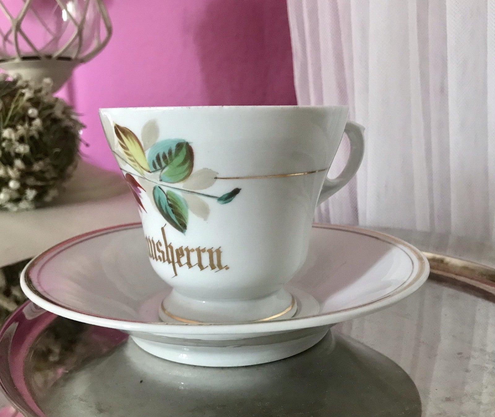 Antik Porzellan Andenken Becher Gedeck Sammeltasse Tasse „Dem Hausherrn“