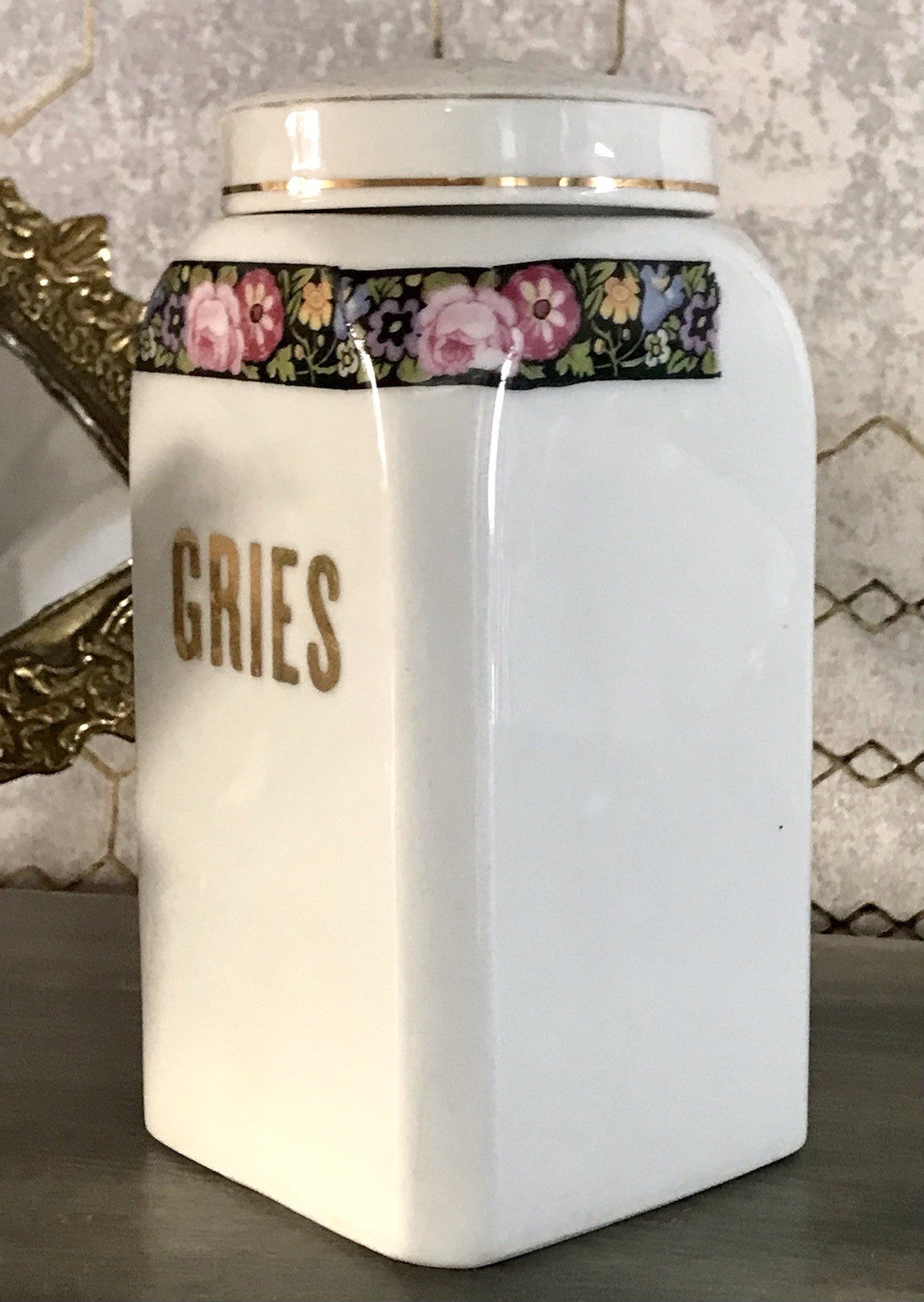 Antik Porzellan Dose Vorratsgefäß Vorratsdose Gries Blumenborte Art Déco