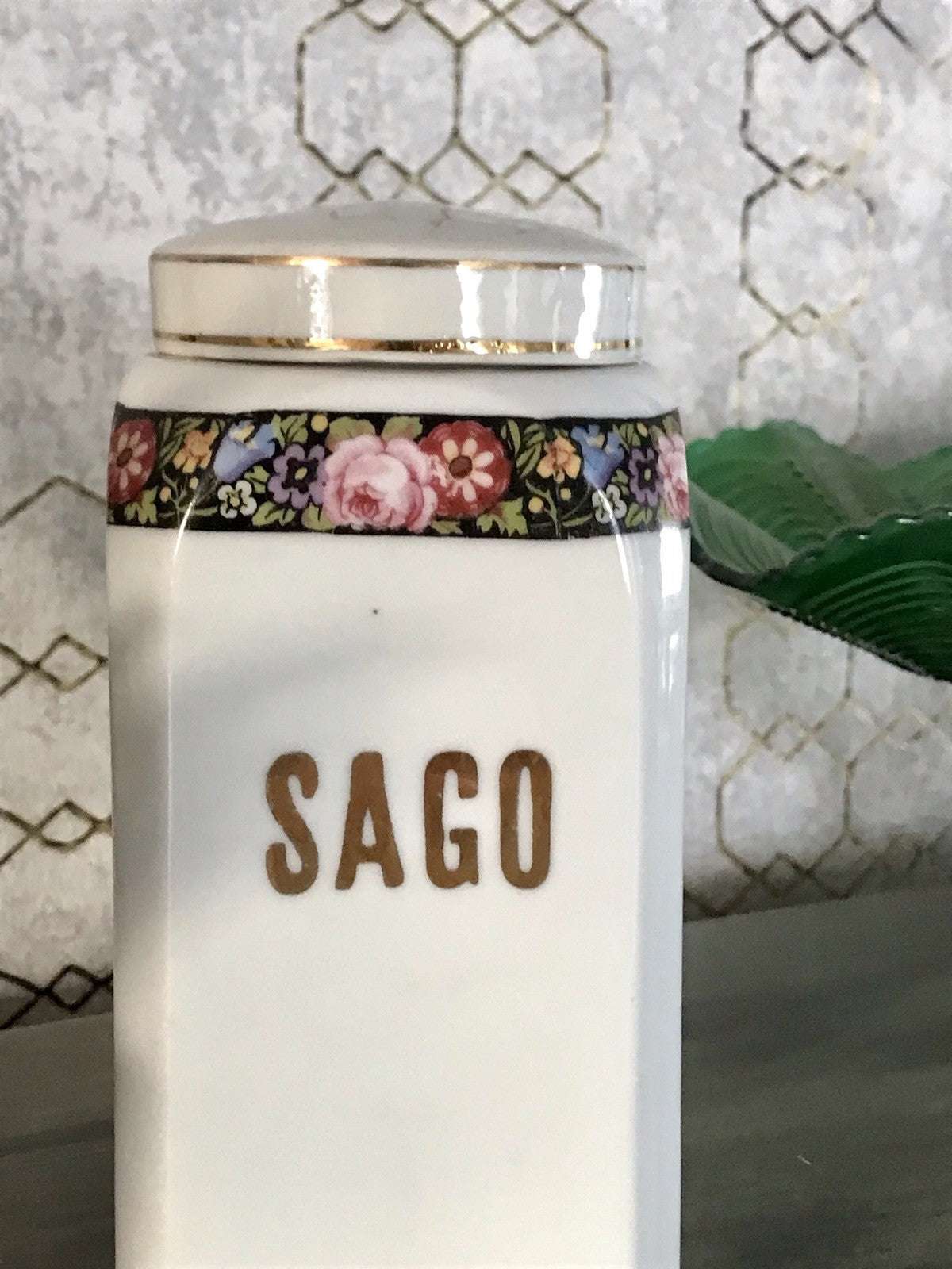 Antik Porzellan Dose Vorratsgefäß Vorratsdose Sago Blumenborte Art Déco