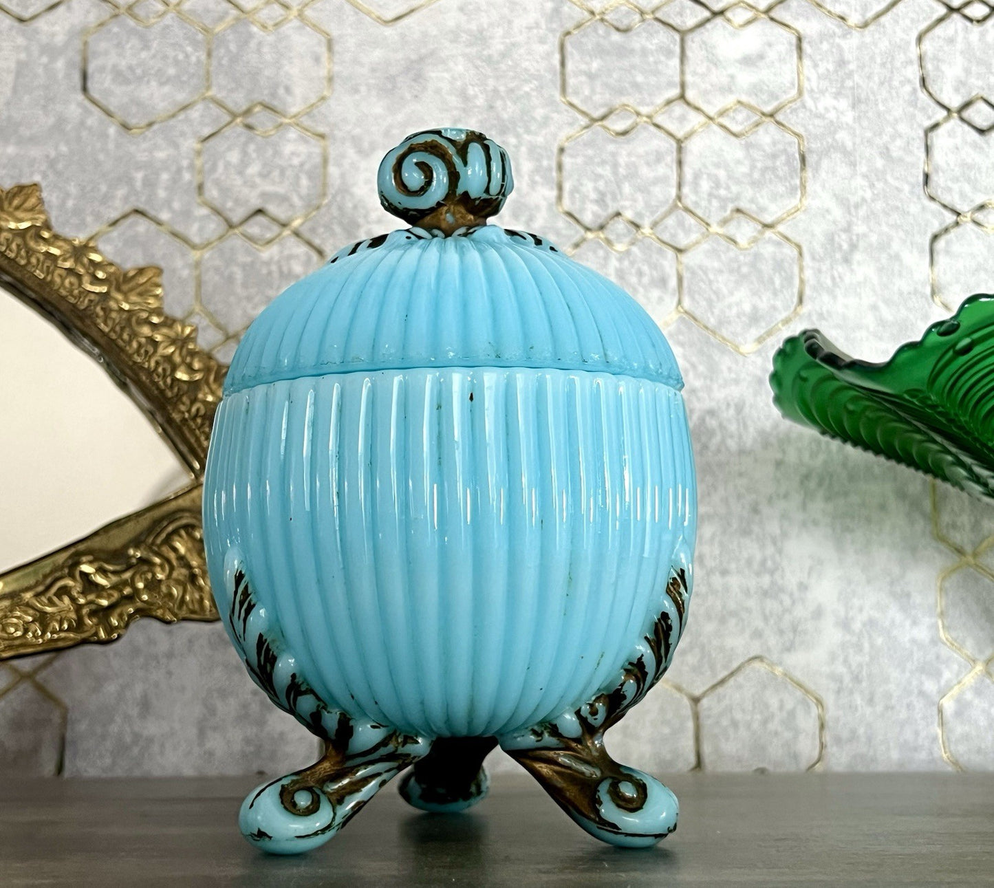 Antik Jugendstil Glasdose Kugel Dose Opalglas Deckeldose blau Pressglas SCHÖN!