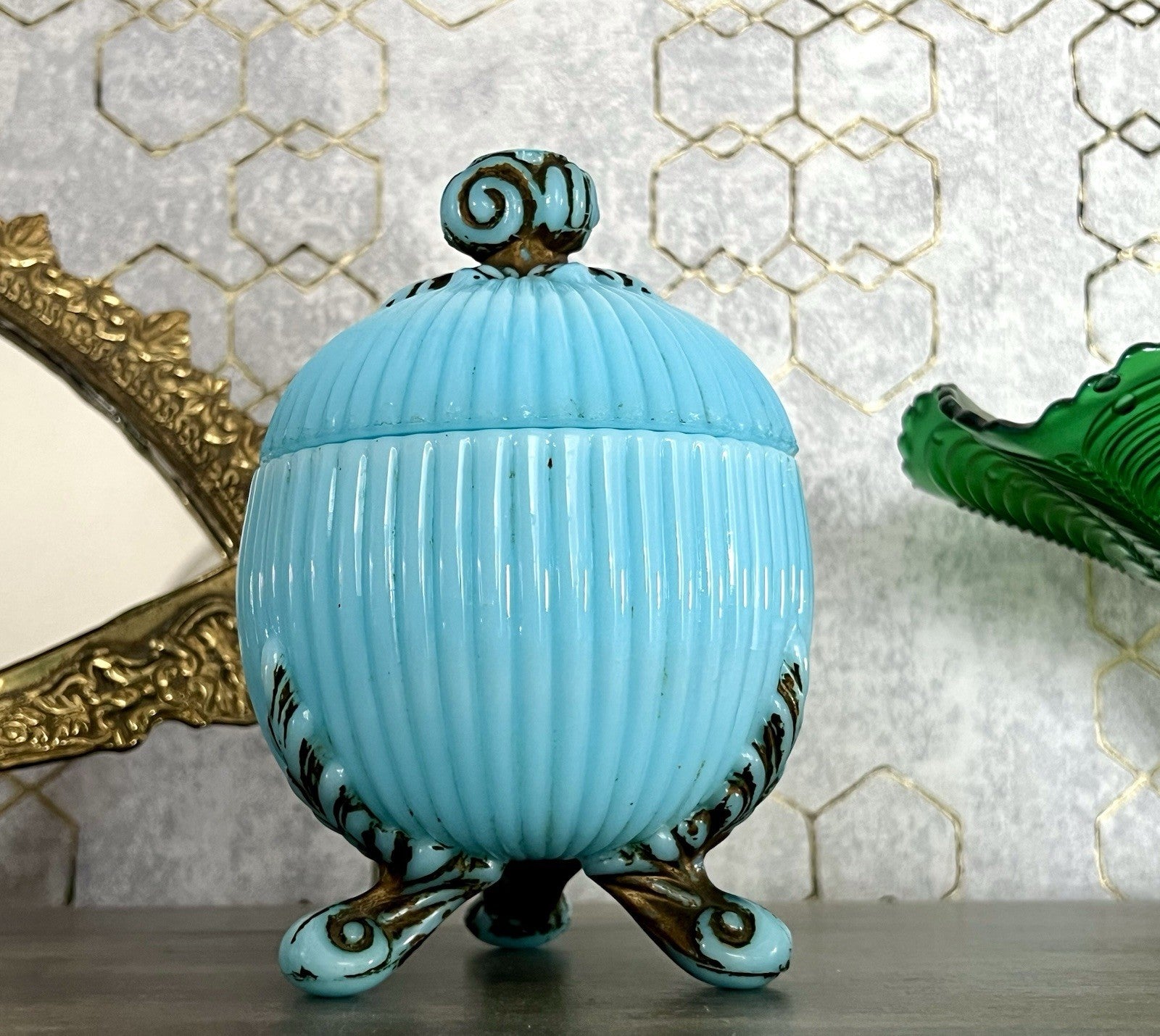 Antik Jugendstil Glasdose Kugel Dose Opalglas Deckeldose blau Pressglas SCHÖN!