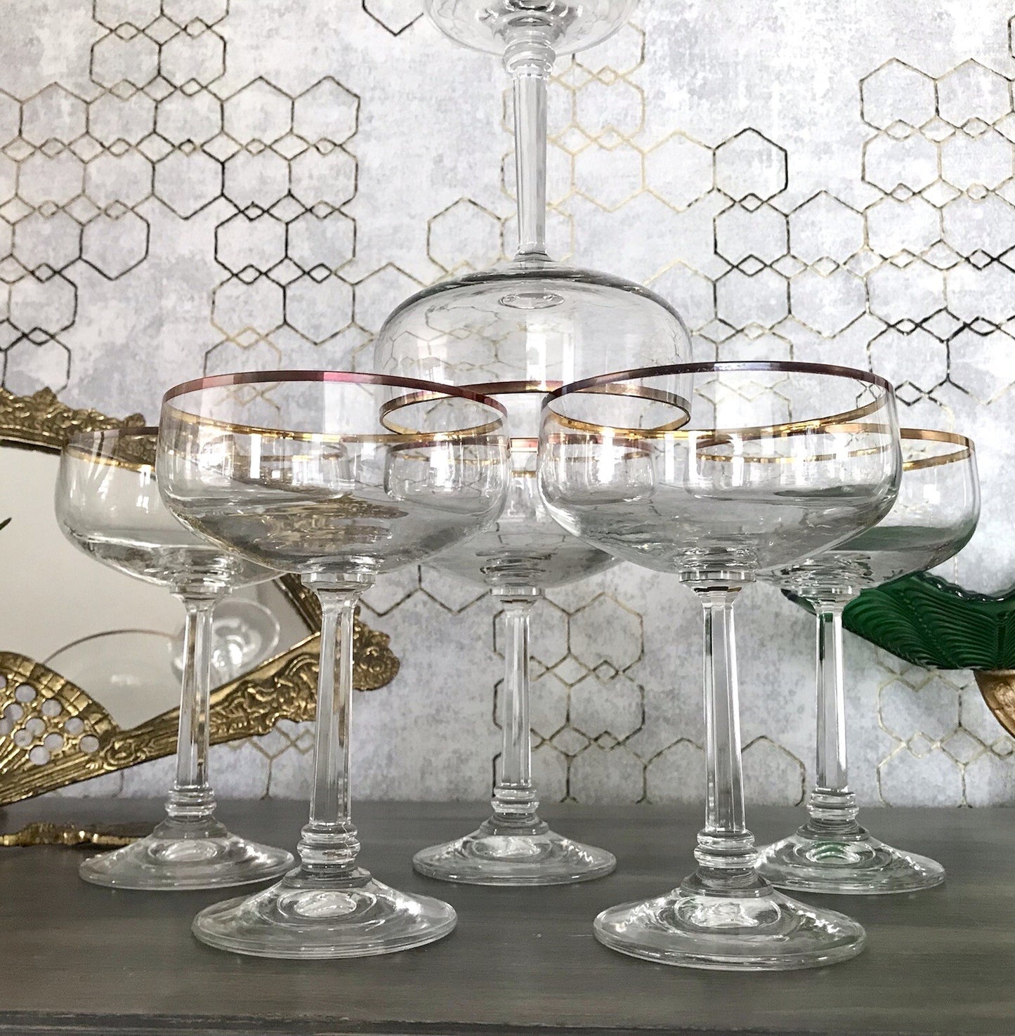 Antik? Art Déco 6 x Champagnerschalen Sekt Gläser Goldrand Lausitzer? Crystal