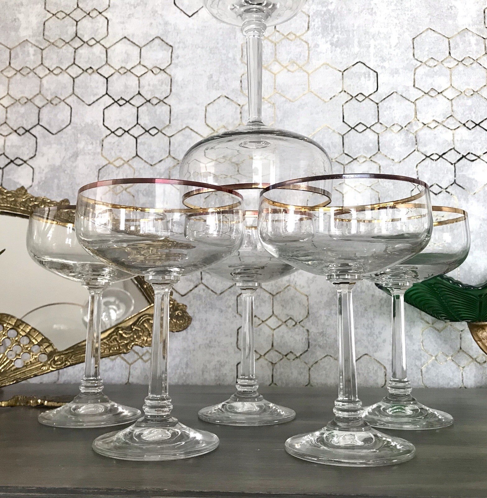 Antik? Art Déco 6 x Champagnerschalen Sekt Gläser Goldrand Lausitzer? Crystal