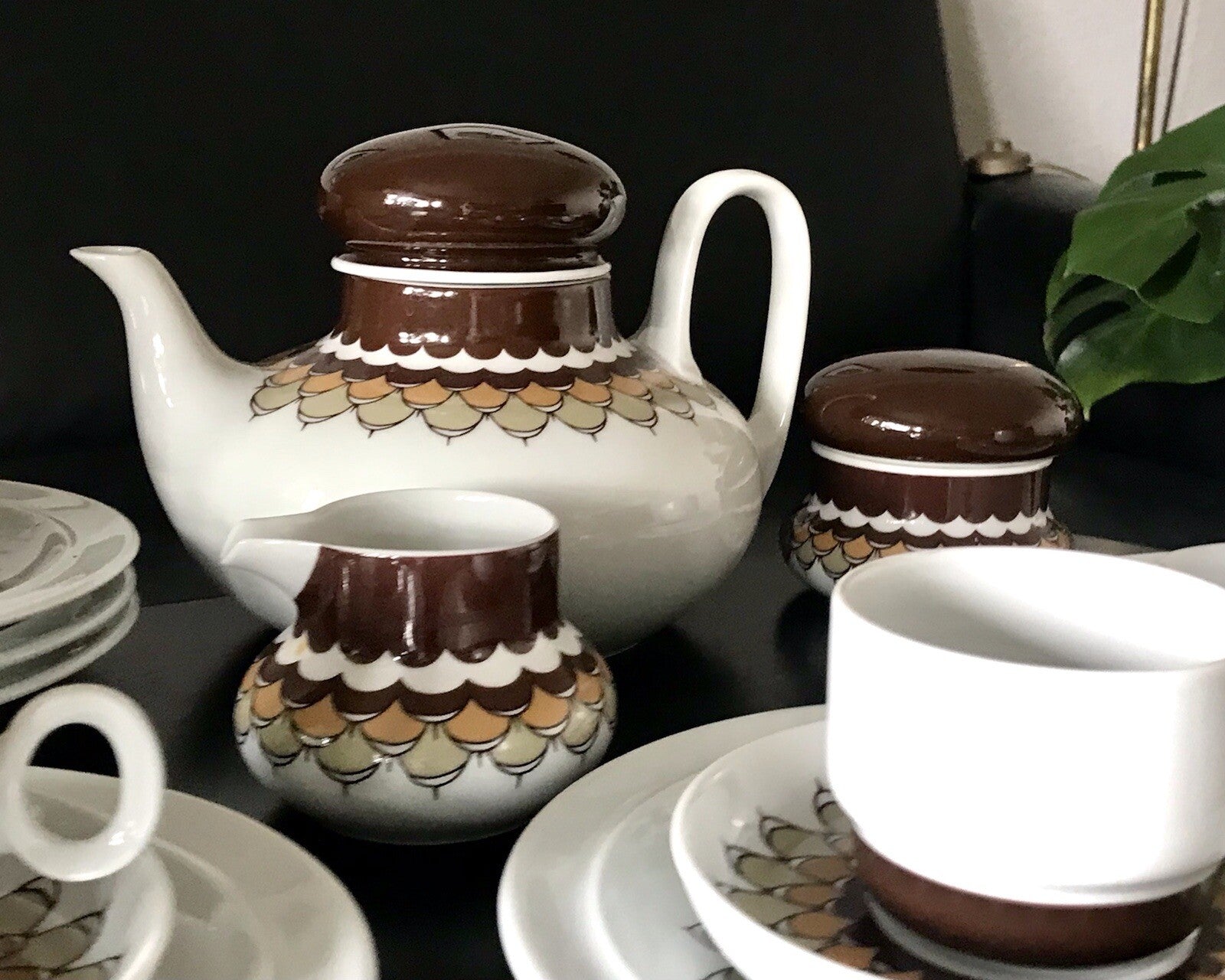 Alt Vintage 70er Thomas Porzellan Kaffeeservice weiß braun orange Wirkalla 6 P.