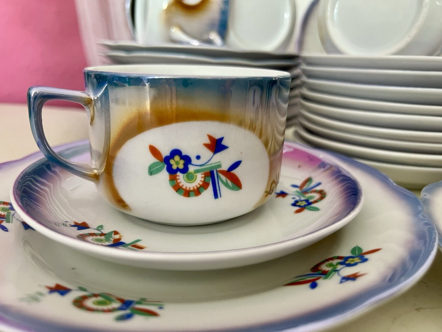 Antik Art Déco Porzellan Kaffeeservice Spritzdekor Teeservice 9 Pers. plus