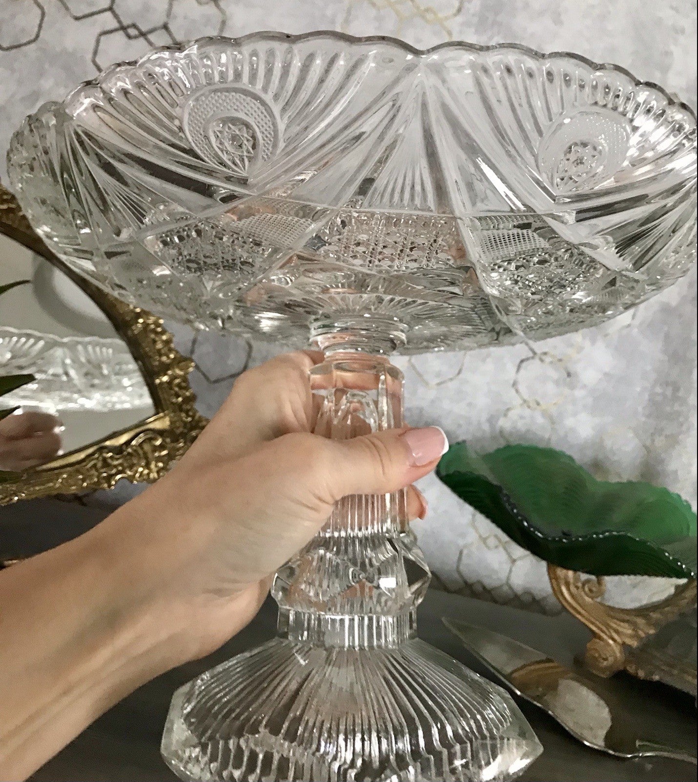 Antik Art Déco Pressglas Glas Schale Fußschale Tafelaufsatz Brockwitz Imperial