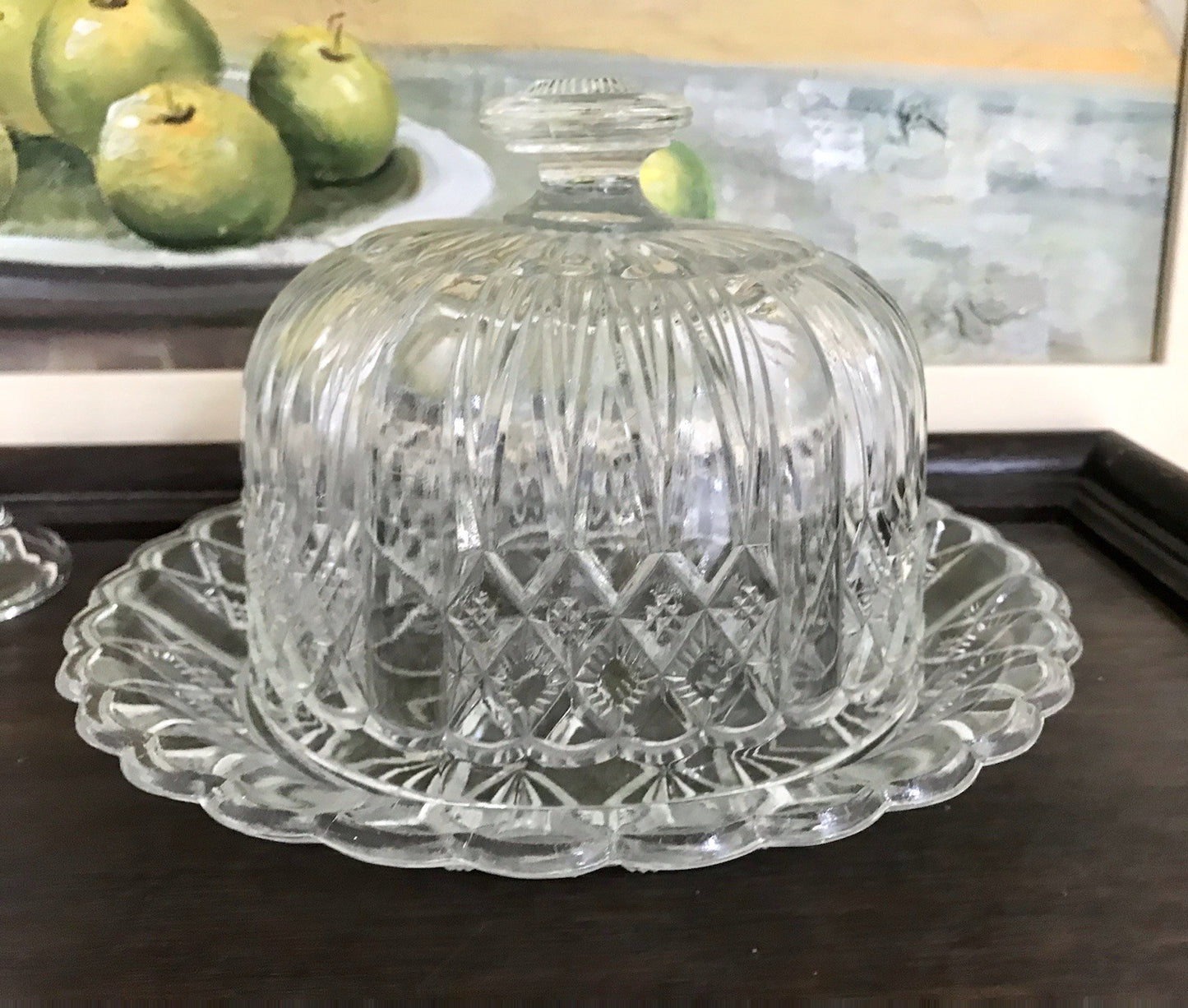 Antik Art Déco Glas Pressglas Käseglocke Butterglocke Glas