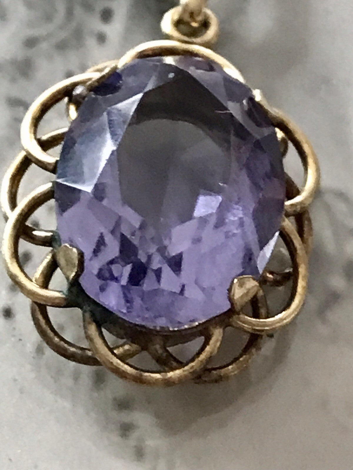 Alt Vintage Edel Kette & Anhänger lila Stein Amethyst? vergoldet Amerik. Doublè