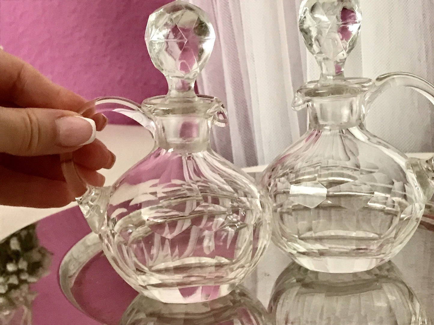 Antik 2x Kristallglas Essig&Öl Karaffe Glas Schliff Oliven Stopfen