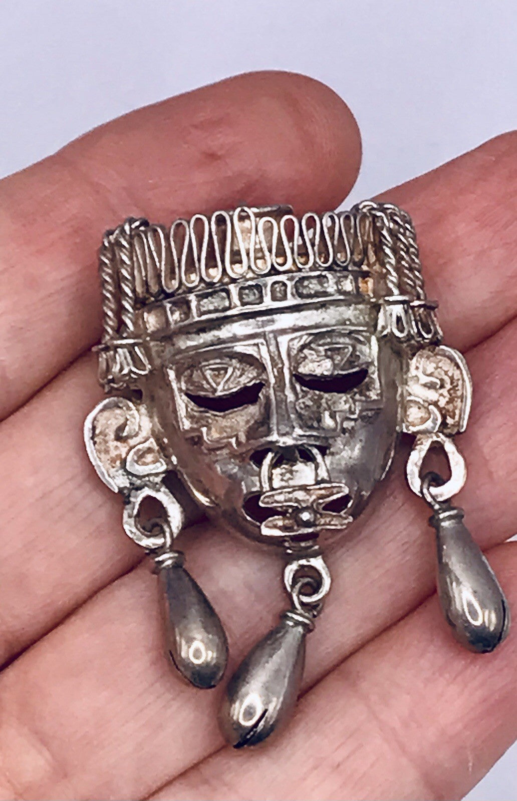 Vintage Azteken Kopf Ethno Maya 2in1 Anhänger Kettenanhänger Brosche 925 Silber