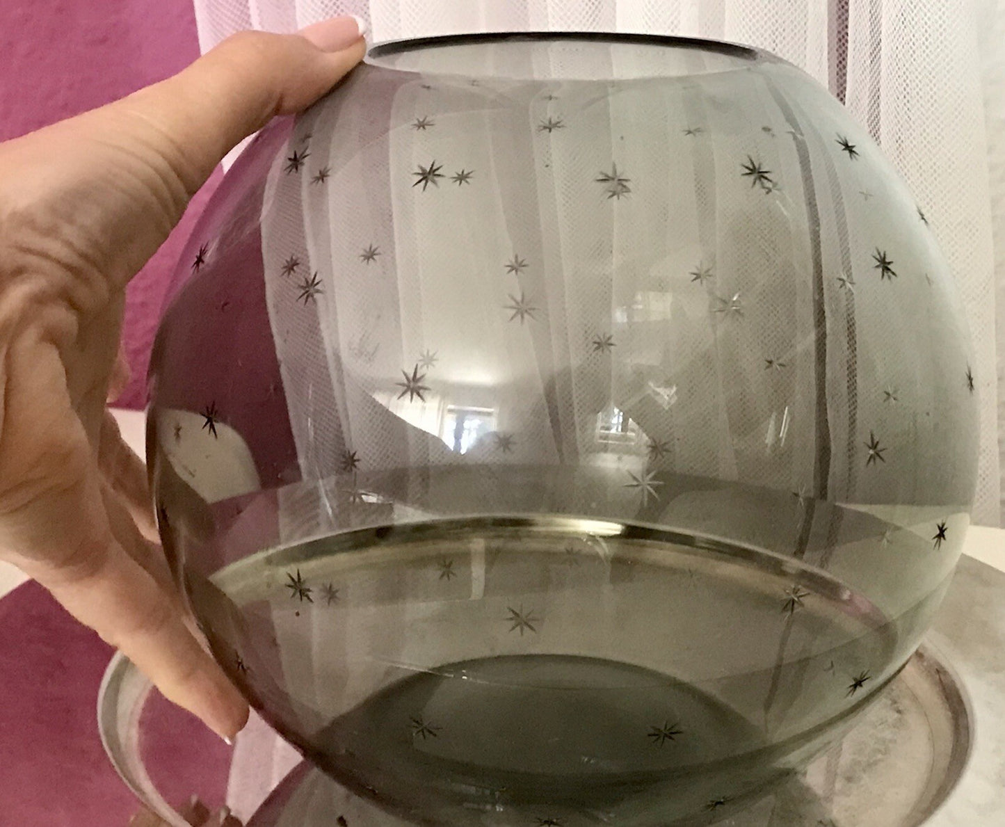 Alt Vintage Glasvase Glas Rauchglas Vase Mid century Kugelvase Grau Sternchen