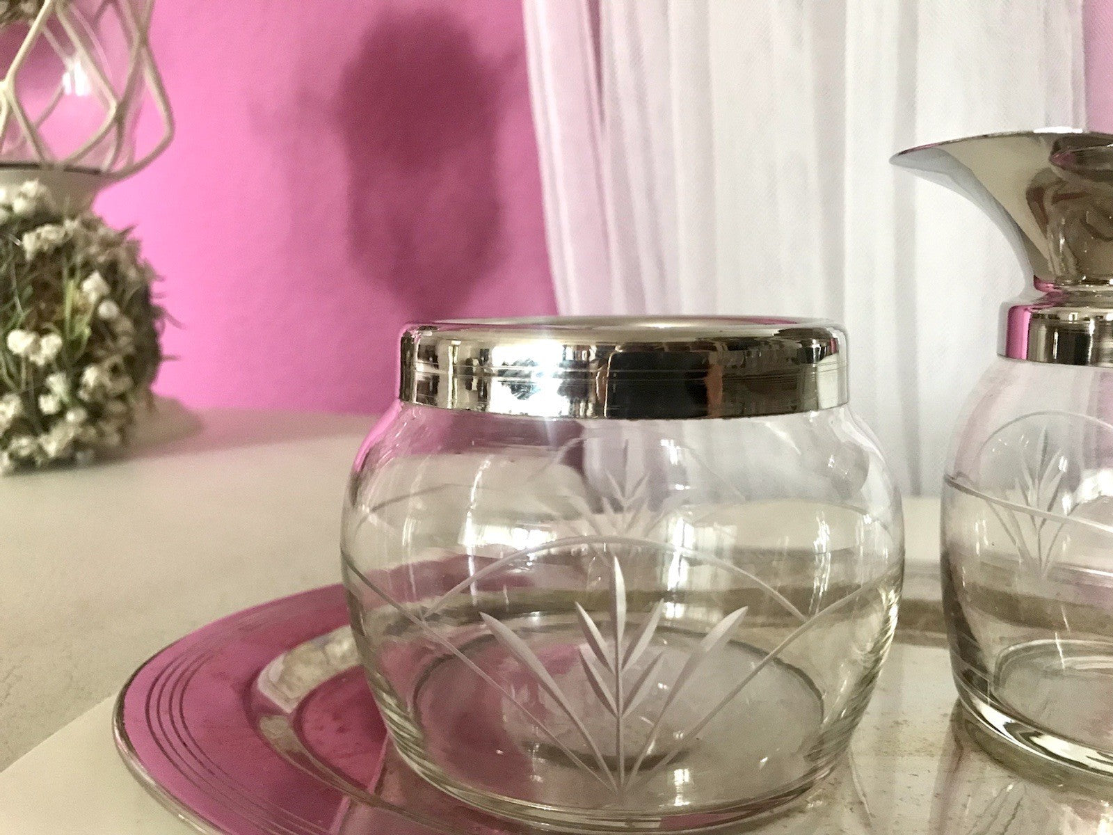 Antik Jugendstil 3 Teile Milch& Zucker Tablett Metallmontur & Glas geschliffen