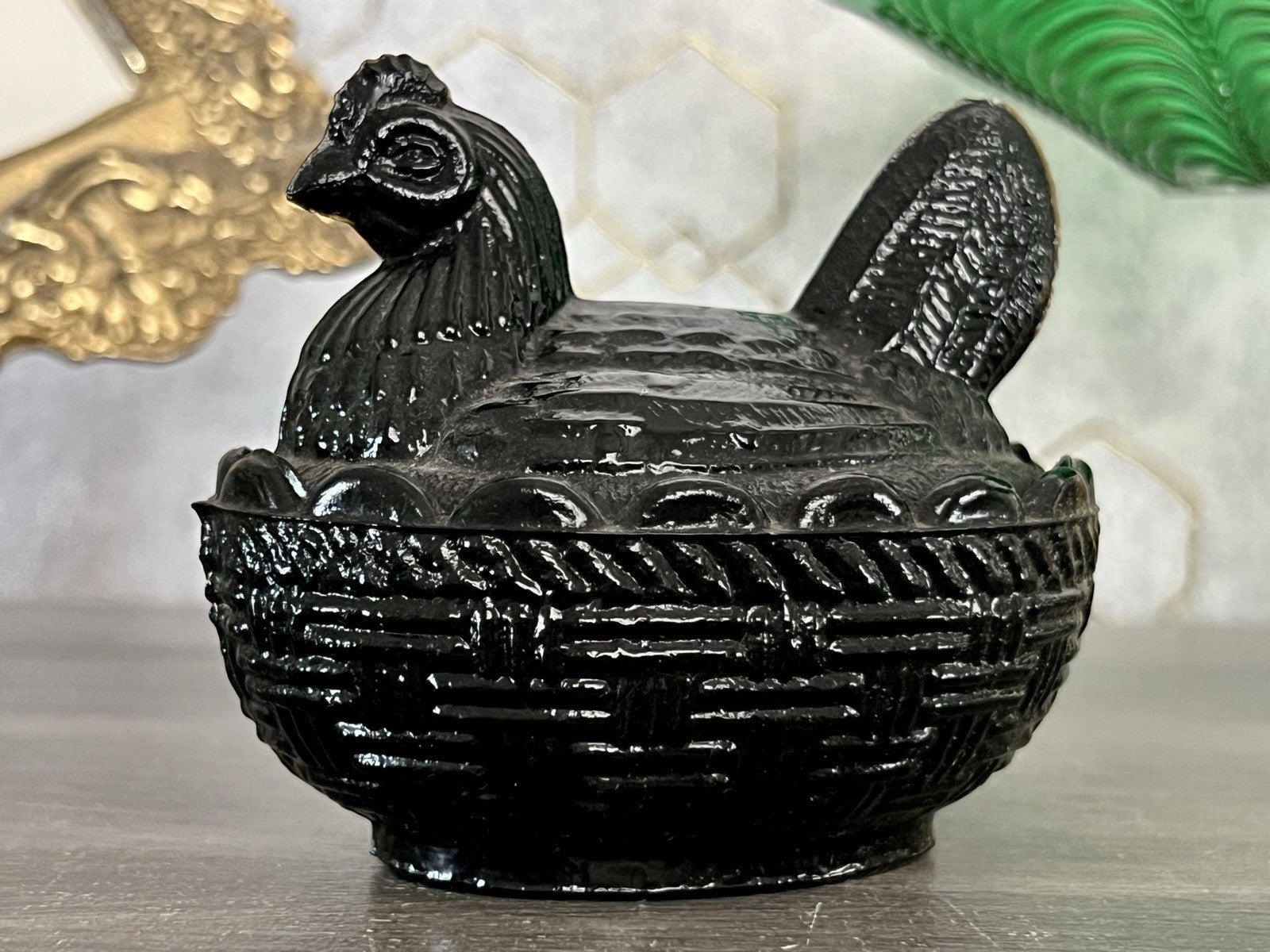 Antik Jugendstil Art Deco Glasdose Dose Deckeldose Pressglas Henne schwarz