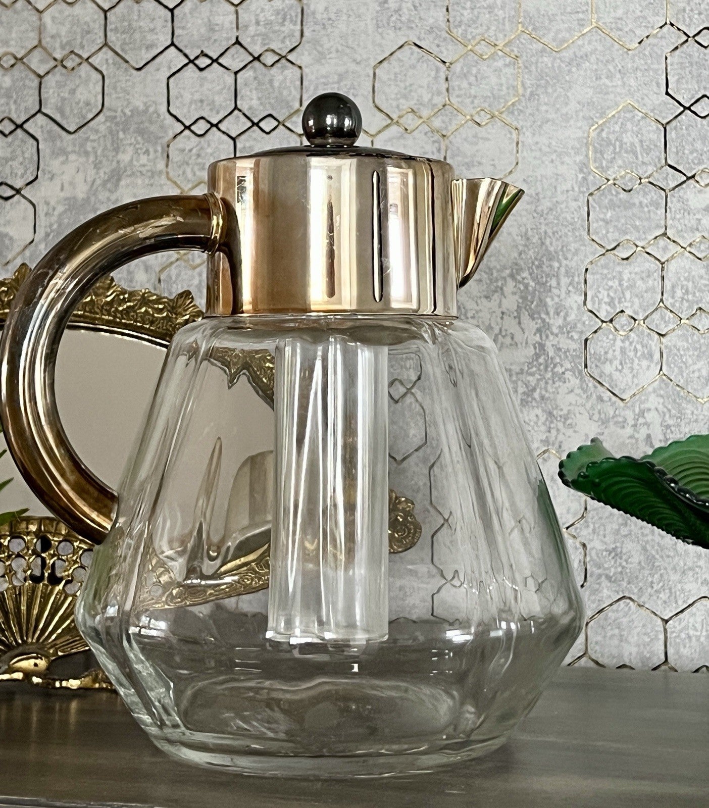 Antik Art Dèco DRGM Karaffe Kalte Ente  Glas optisch gerippt versilberte Montur