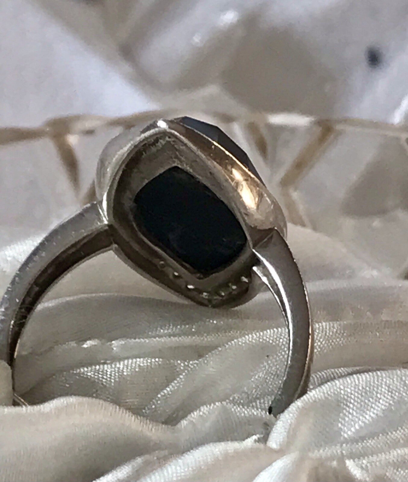 Vintage Onyx? & farblose Steine DAMEN RING Silber 925 Gr.57 58 Schiffchen