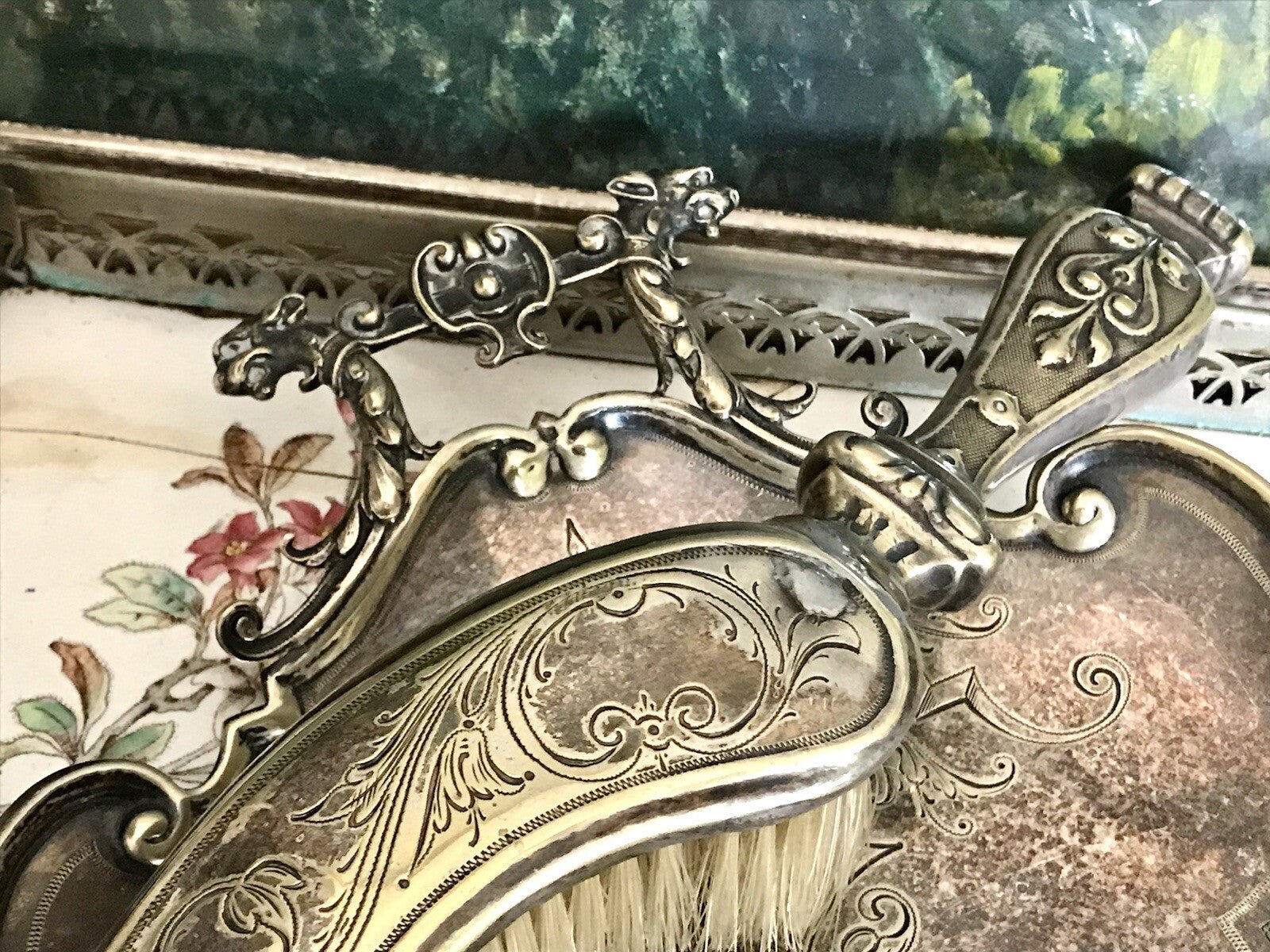 Antik versilbert Jugendstil Tischkehrset Tischkehrer Tisch Krümmelkehrer